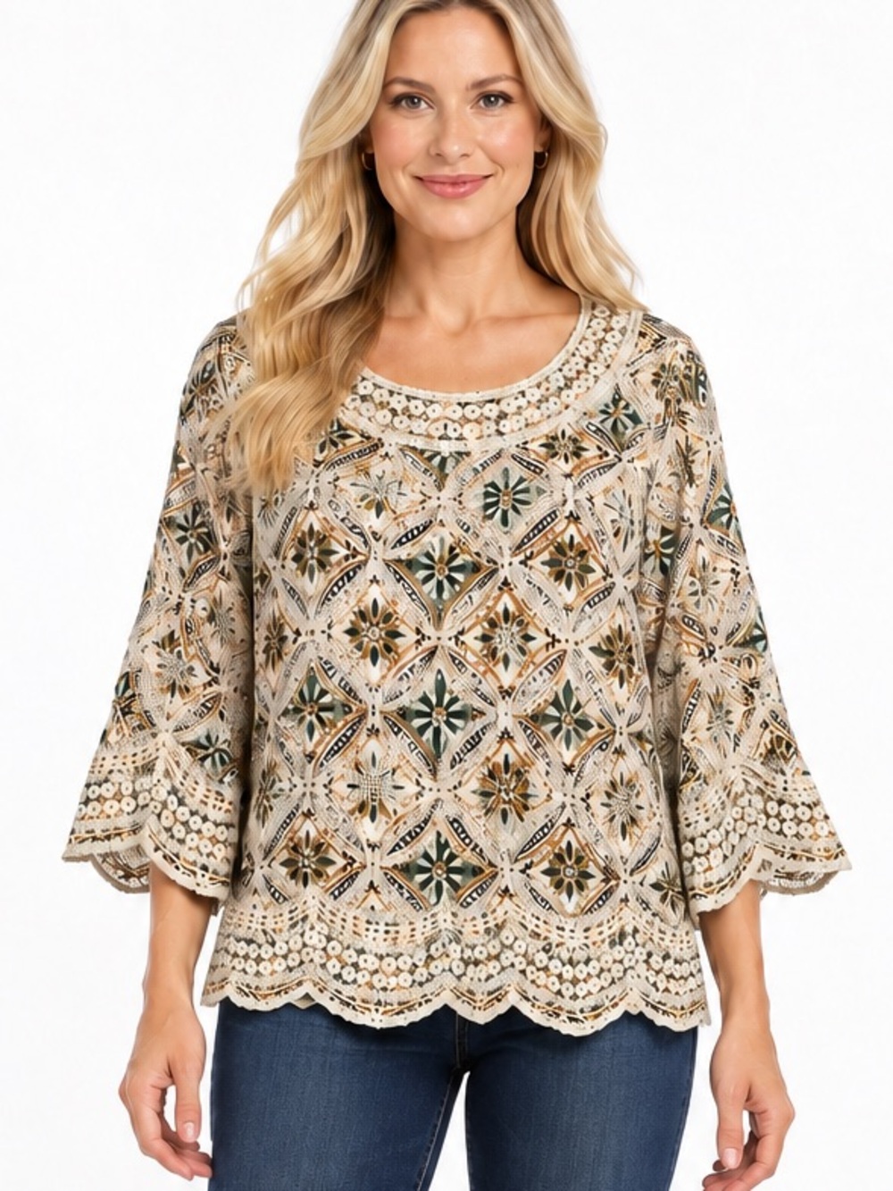 Solitaire Anthropologie NWT Boho Embroidered Lace Trim Women's Top Size Large